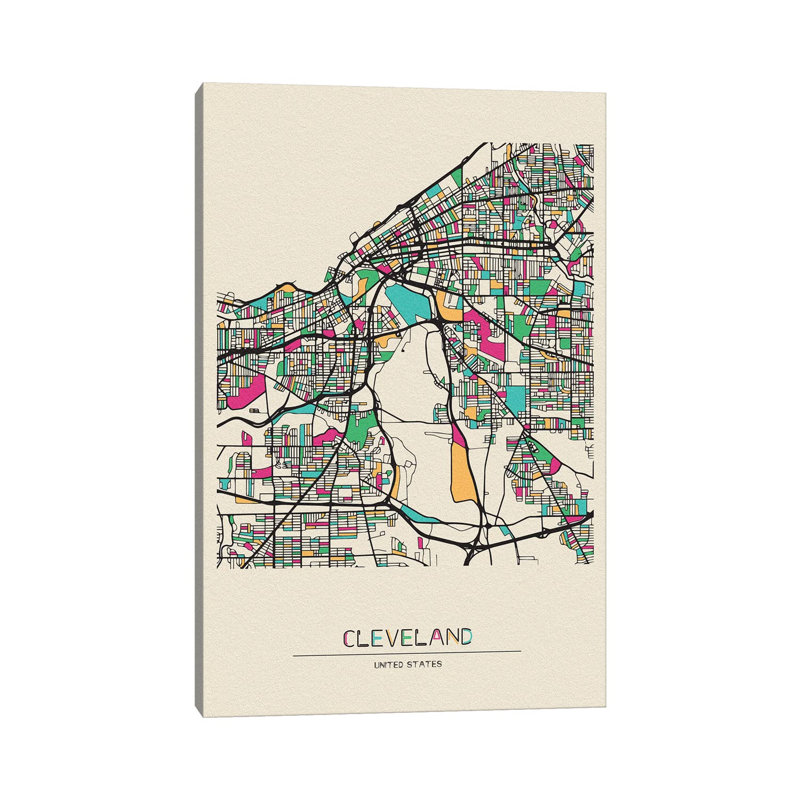 «Cleveland, Ohio Map» par Ayse Deniz Akerman - impression sur toile tendue, H 26 po x l 18 po x 1,5 po