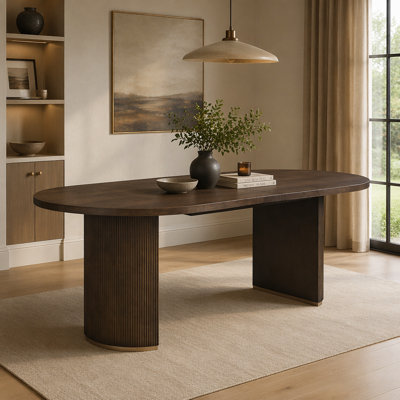 Dining Table, Oval Shape, Double Pedestal, Solid & Engineered Wood, Half-Moon Legs, Vertical Grooves, Grain Finish, Fits Up To Six People