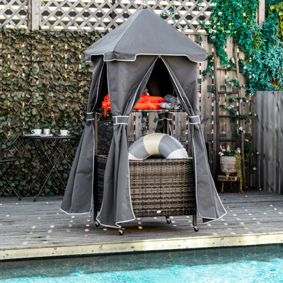 Serviteur de rangement pour serviettes d'extérieur - Support de piscine couvert avec tablette, panier et rangement roulant, support de piscine gris