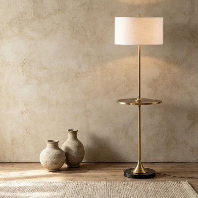Modern Floor Lamp With Integrated Wood Side Table And White Linen Shade, 59-Inch Standing Lamp For Living Room With Included LED Bulb, UL Listed