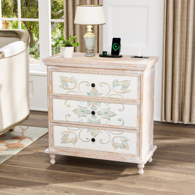 Wash White Embossed P2 MDF With Solid Wood Legs Three-Drawer Cabinet With Outlet