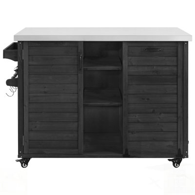 Outdoor Kitchen Island With Foldable Grill Table, Wooden Cart, Trash Can Storage, Stainless Steel Top, Ideal For Lawn & Garden Cooking