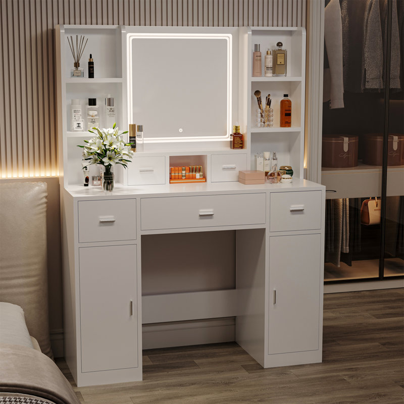 La coiffeuse avec miroir à DEL est équipée d'un support pour sèche-cheveux, Blanc
