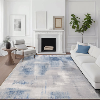 Washable Rug 5X7, Modern Scandinavian Abstract Watercolor Rug, Low Pile Soft Non-Slip Stain-Resistant Area Rug For Living Room, Bedroom, Dining Room, Blue & Grey, Christmas Xmas Gift