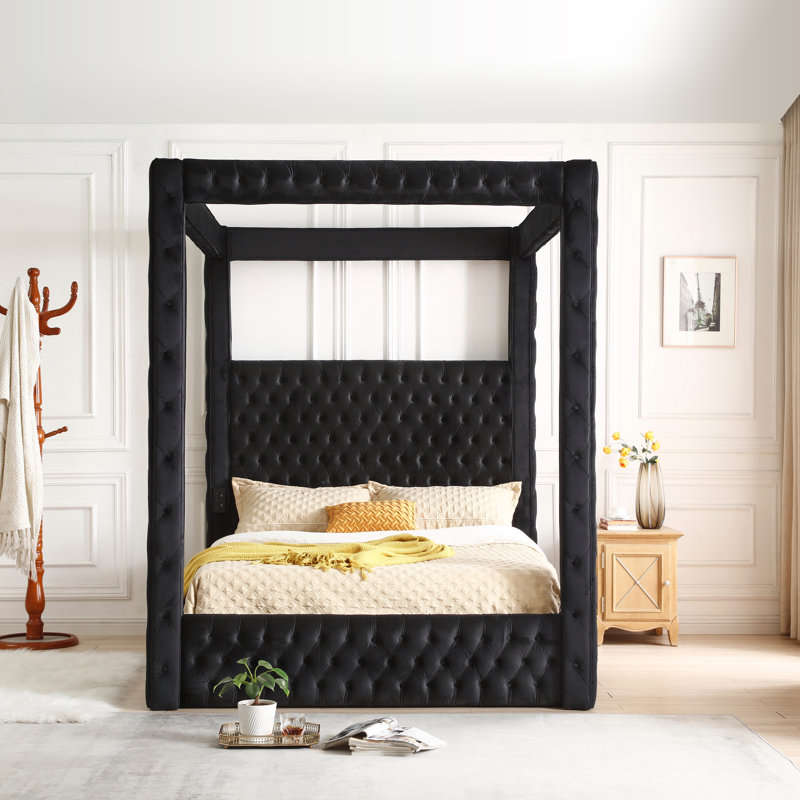 Black Velvet Tufted Upholstered Queen Canopy Bed Frame