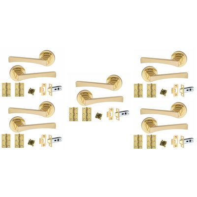 5 Pairs Wave Design Door Handles on Round Rose in Electro Brass Finish with 2.5" Tubular Latch - 52mm Diameter