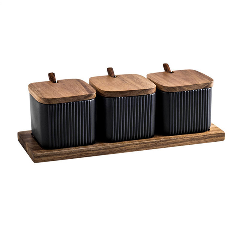 Black Porcelain Sugar Bowl Condiment Pot Salt Container With Wooden Lid, Spoon And Tray, Modern Spice Box Seasoning Jar, Set Of 3