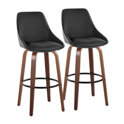 Tabouret de bar 30 po à hauteur fixe avec pivot en bois de noyer et similicuir noir avec repose-pieds rond noir en métal 30 po - ensemble de 2