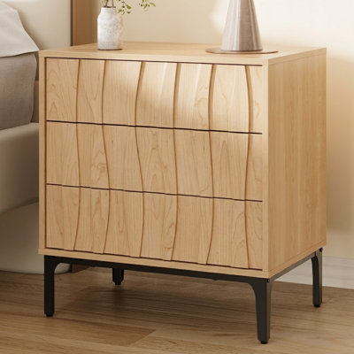 Table de chevet 3 tiroirs Mid-Century moderne avec façades en bois texturé