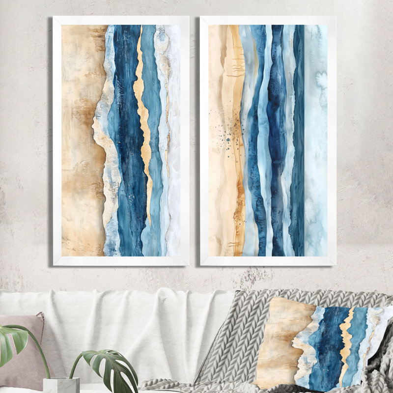 Abstrait côtier, art mural sur toile de sable bleu, océan abstrait et terre, H 40 po x l 40 po, Cadre simple blanc