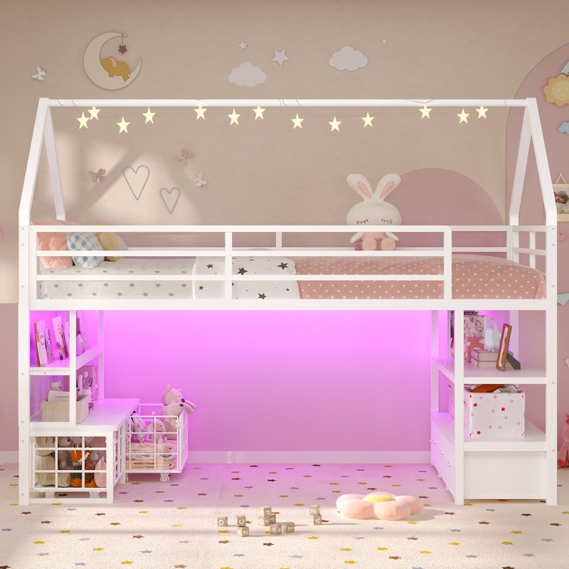 Low Loft Bed Twin Size With 5 Storage Drawers & Bookcase,Twin Loft Bed With Led Lights, Open Storage Shelves, Metal Loft Bed With 13.4In Guardrail,Under-Bed Play Space,House Shape