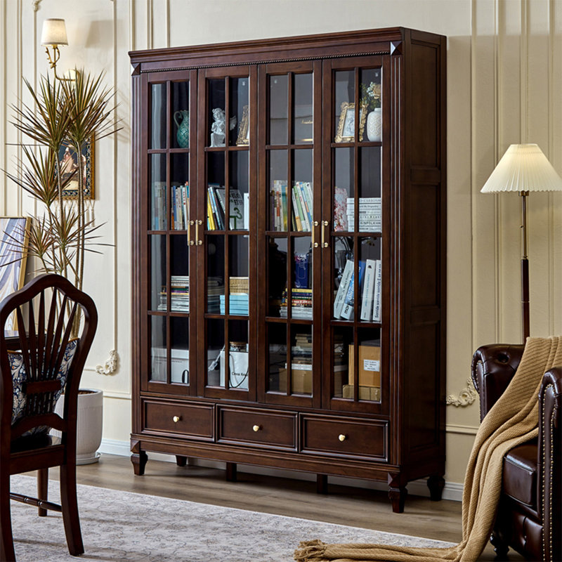 American-Style Vintage Cherry Wood Bookcase With Glass Doors And Floor-To-Ceiling Design