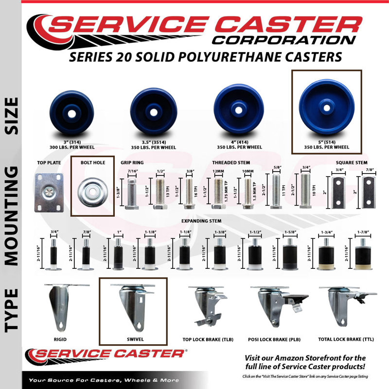 Solid Polyurethane Swivel Bolt Hole Caster Set with 2 Lock Brake, 5" H x 5" W
