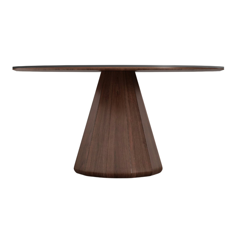 Table de salle à manger ronde Shera avec base en noyer et plateau en céramique marbrée grise., H 30 po x L 53 po x l 53 po
