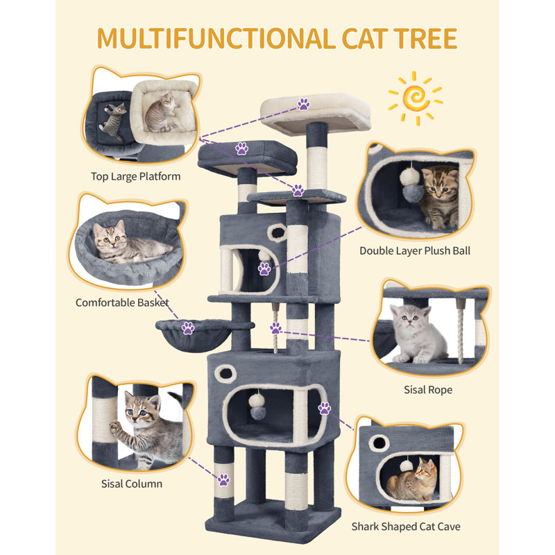 159 cm Cat Tree for Indoor Cats, Cat Tower, Multi-Level Cats Condo with 8 Scratching Posts, 3 Platforms, 2 Caves, Basket, Plush Balls, Sisal Rope, Anti-Tip Kit