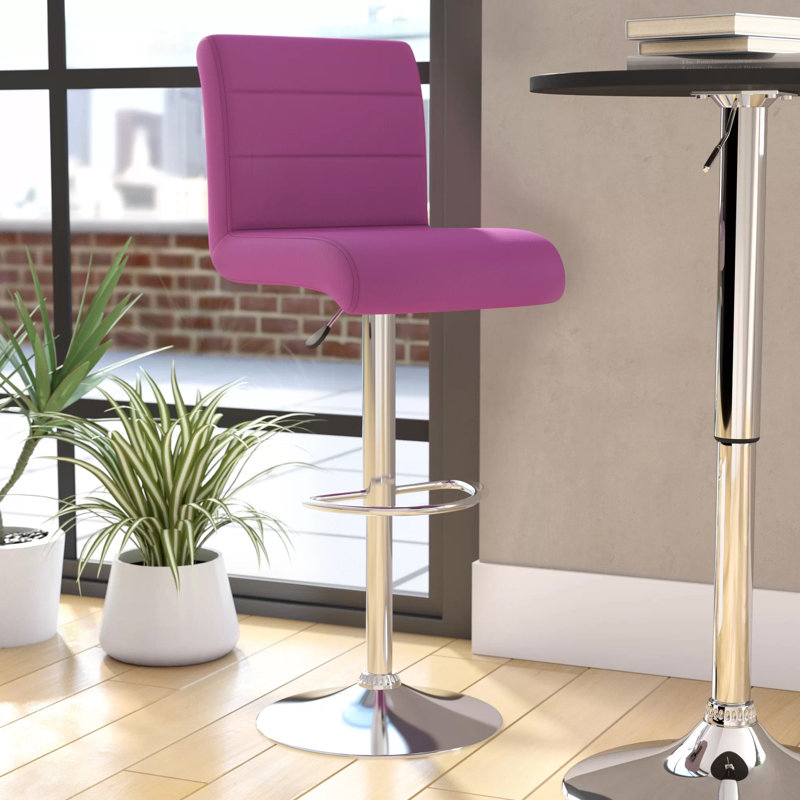Contemporary Vinyl Adjustable Height Barstool with Rolled Seat and Chrome Base, Purple