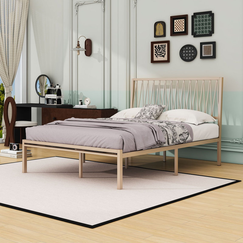 Lit plateforme en métal avec tête de lit et pieds centraux, Queen, Bronze