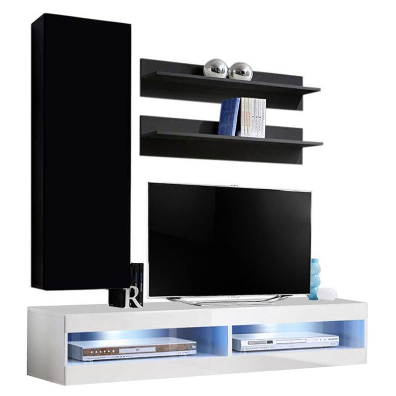 Lollis 63" Modern Floating Wall Mounted Entertainment Center with 16-Color LED Lighting, High Gloss Finish, Black/White