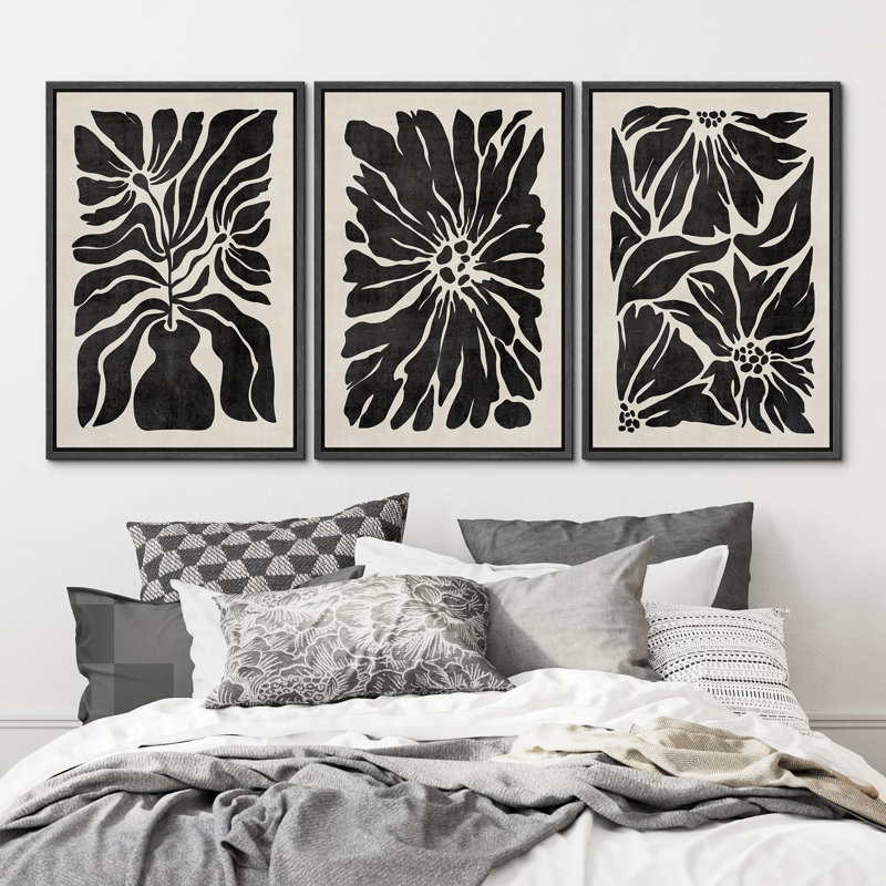 Plant Abstraction " Botanical Silhouette Monochrome Black And White Floral Modern Art Decor Chic Living Room Bedroom " 3 - Pieces
