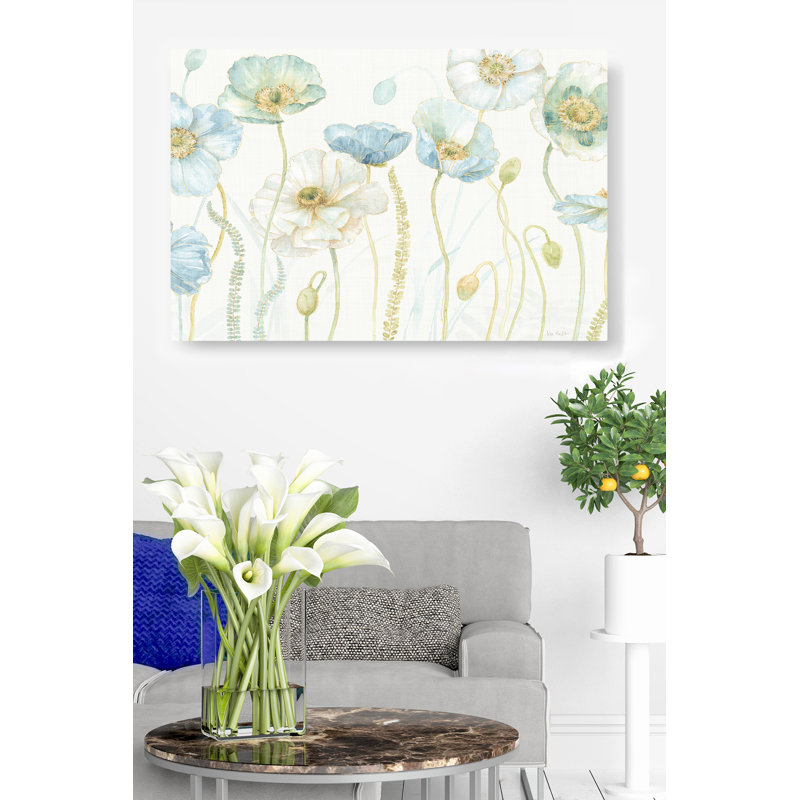 Coquelicots, dorés, dorés, bleus, fougères, sur fond blanc III, H 26 po x l 50 po x P 1,5 po
