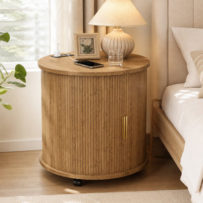 Table de chevet ronde avec porte coulissante pour station de charge et rangement à 2 niveaux