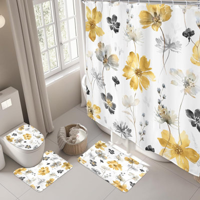 Yellow Gray Watercolor Floral Shower Curtain Sets 4-Piece Non-Slip Bath Mat Set