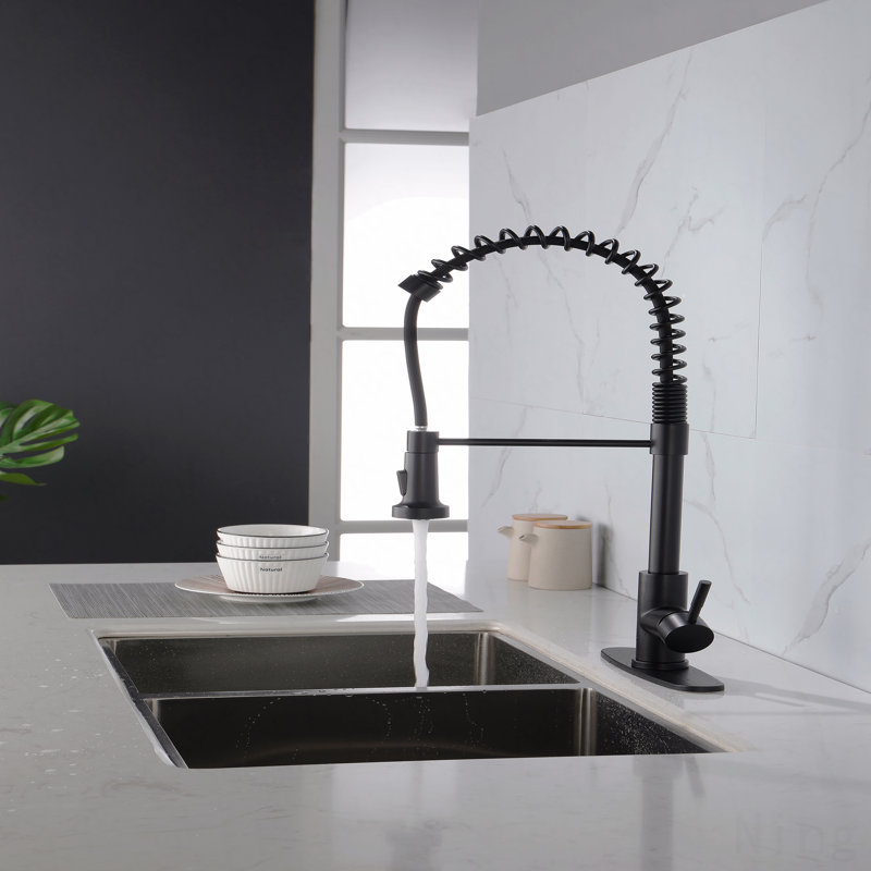 Robinet de cuisine commercial à ressort à poignée simple en acier inoxydable avec douchette extractible, robinet d'évier industriel à 1/3 trou