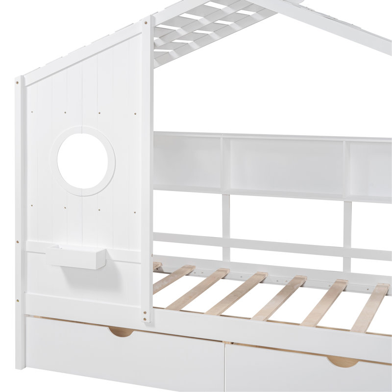 Lit en bois avec 2 tiroirs, lit pour enfant avec tablette de rangement, Lit simple , Blanc