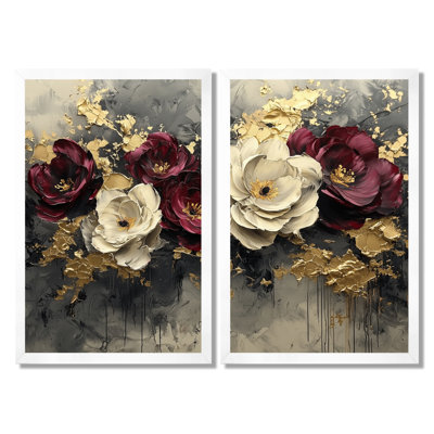 Burgundy Poppies Dreamscape At Night - Poppies Wall Art Wall Art, Red Floral Canvas Print Set Of 2