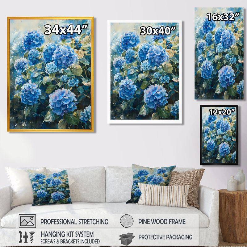 «Hydrangeas In The Summer Breeze I», reproduction d'art sur toile, 20" H x 12" W, Impression encadrée flottante, Blanc