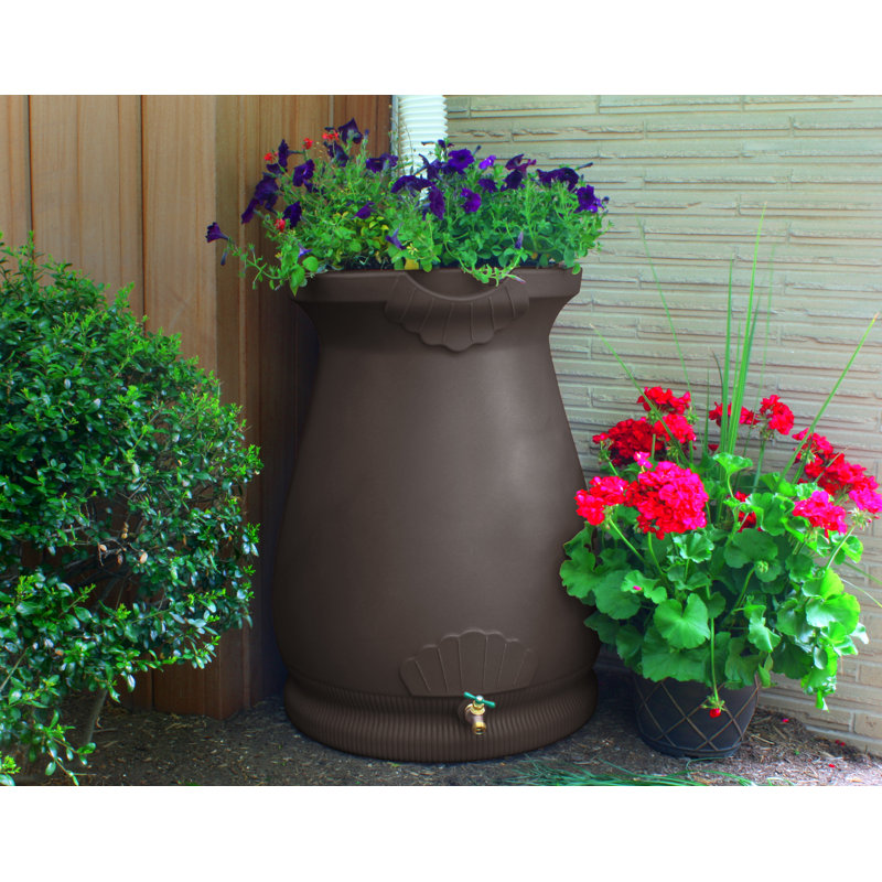 Good Ideas 65 Gallons Plastic Drainable Dual Overflow Planter Rain Barrel, Oak