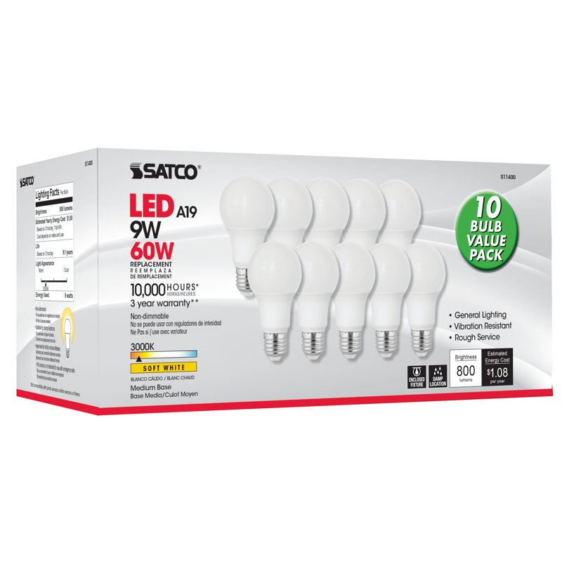 9 Watt White LED Bulb, 3000K, 10