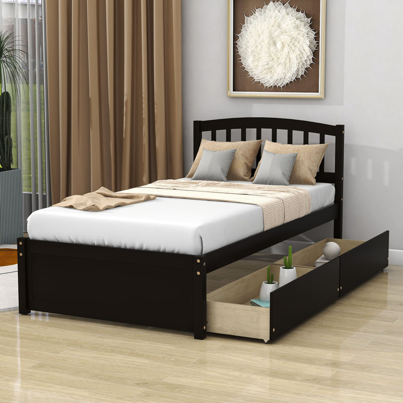 Twin Size 2 Drawers Platform Bed with Headboard, Espresso