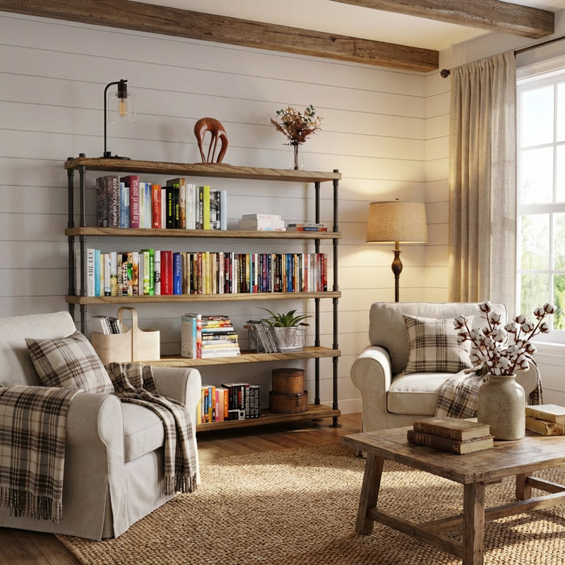 Bibliothèque de 60 pouces de long avec supports pour tuyaux, étagères en bois véritable de 11,25 po de profondeur et de 1,5 po d'épaisseur, étagères pour l'organisation de la maison, étagères industrielles, décor de maison de campagne et bohème, 5 niveaux, brûlé