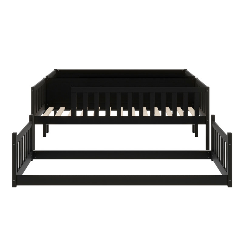 Triple Wood Bunk Bed, With Ladders, Guardrails Detachable Bunk Bed, Black