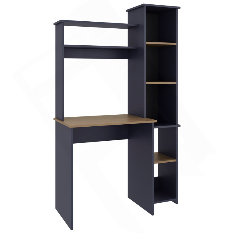Bureau d'écriture Versalles, bureau de studio ou de bureau moderne, deux tablettes supérieures et cinq tablettes ouvertes latérales pour l'organisation de livres
