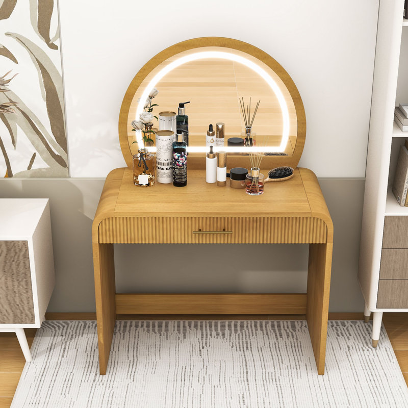 Modern Makeup Vanity Table with LED Touch Mirror, Curved Edges and Wavy Drawer, Natural