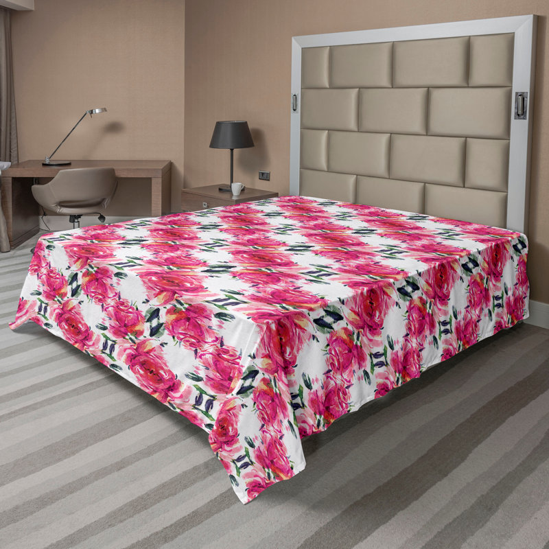 Drap plat à motif floral bohème Ambesonne, Drap plat de taille double, Rose vif / motif floral vert olive