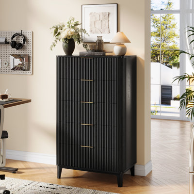 Fluted 5 Drawers Dresser For Bedroom, 45" Modern Tall Chest Of Drawers With Wood Grain, Farmhouse Wooden Vertical Dresser by Ebern Designs
