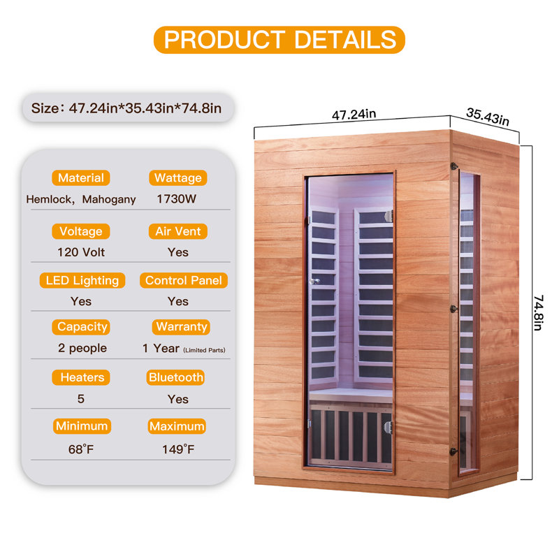 Sauna à infrarouges FAR pour 2 personnes compatible avec Bluetooth de Hongyuan