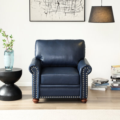 Living Room Chair In Navy Blue With Firm Wood Legs Faux Leather For Spot, Solid
