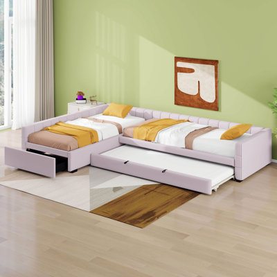 Lit de jour double avec lit gigogne, canapé-lit rembourré avec tiroir, lit d'angle en forme de L pour la chambre à coucher du salon