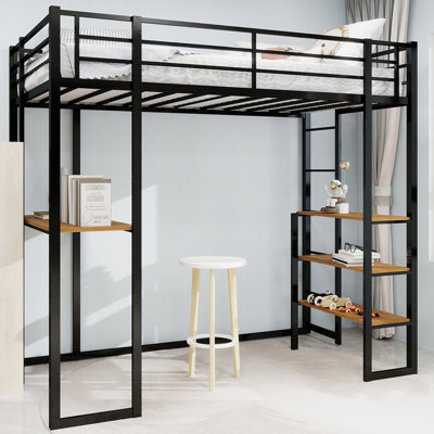 Lit à structure en fer avec rampe et escalier pour la chambre à coucher, noir, espace - Assemblage facile