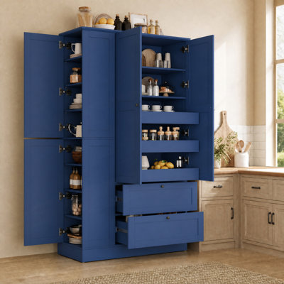 Armoire de cuisine Farmhouse avec 8 tablettes, 2 tiroirs, 3 plateaux coulissants, 4 portes et armoires latérales