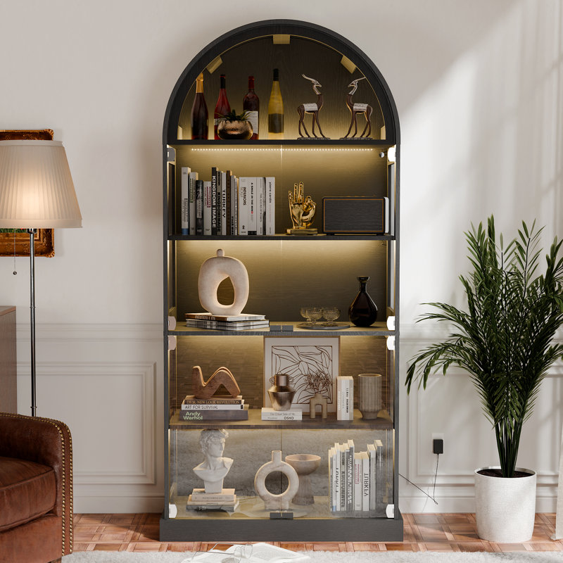 Arched Glass Display Cabinet With Motion Sensor Lighting, Modern Lighted Display Cabinet