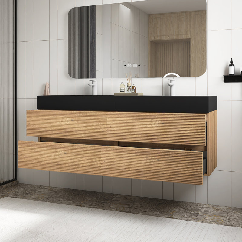Meuble-lavabo avec lavabo à quartz et tiroirs à fermeture en douceur, meuble-lavabo mural flottant pour salle de bain moderne, lavabo une pièce