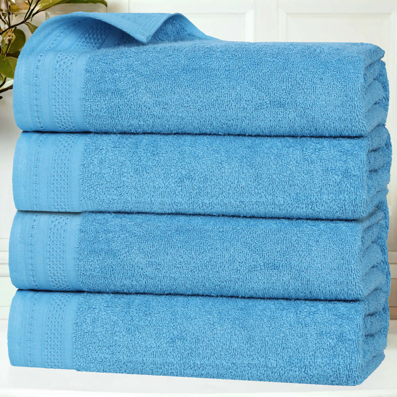 Azure Cotton Medium Weight Bath Towels Set with Honeycomb Waffle Border