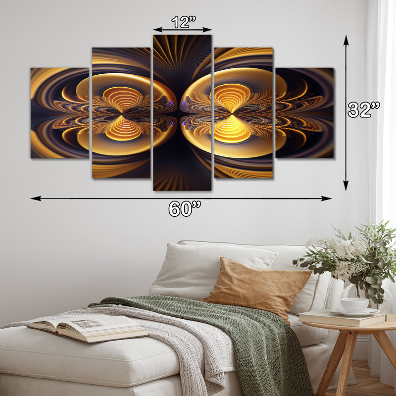 «Op-Art Retro Gold Geometric Dimensions III - Abstract Spirals», reproduction d'art sur toile - 5 panneaux
