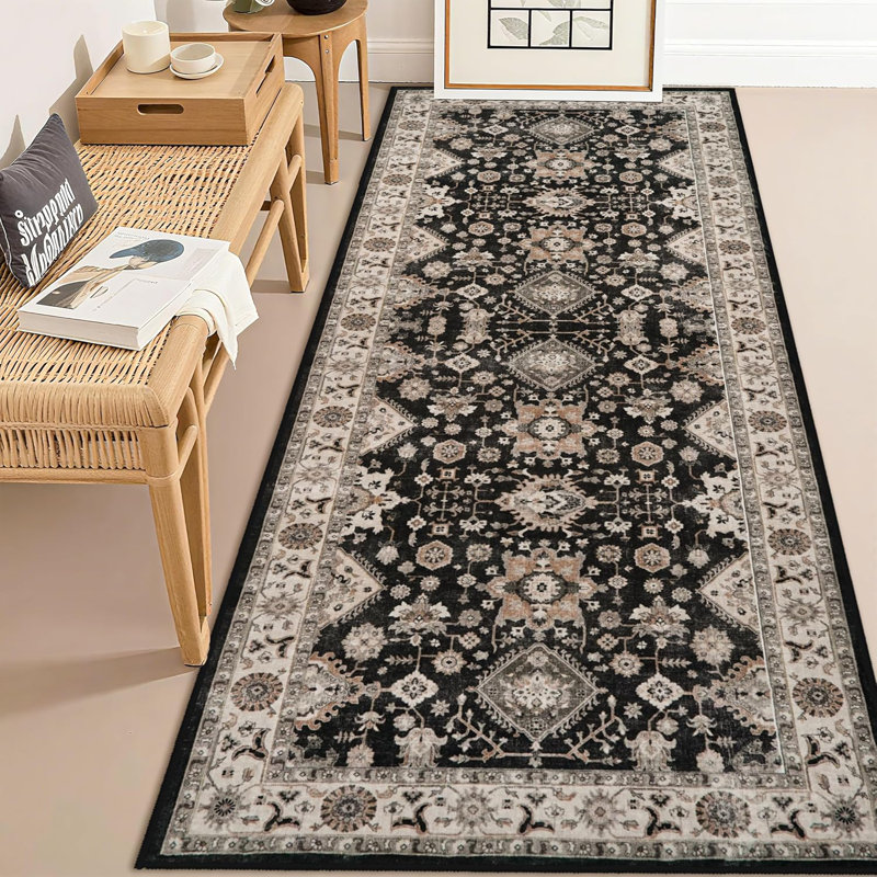 Washable Hallway Rug: Non Slip Rugs with Rubber Backing Soft Kitchen Rug Farmhouse Distressed Carpet Runner for Living Room Bedroom Bathroom (Black)