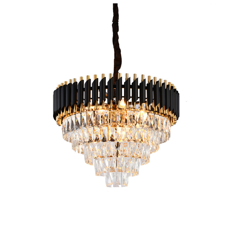 This Exquisite Chandelier Is In Black And Gold Finish. The Frame Is Made Out Of Stainless Steel, And It Comes With Clear Hanging Crystals. The Adjustable Chain Link Makes This Fixture Suitable For Most Ceiling Heights.